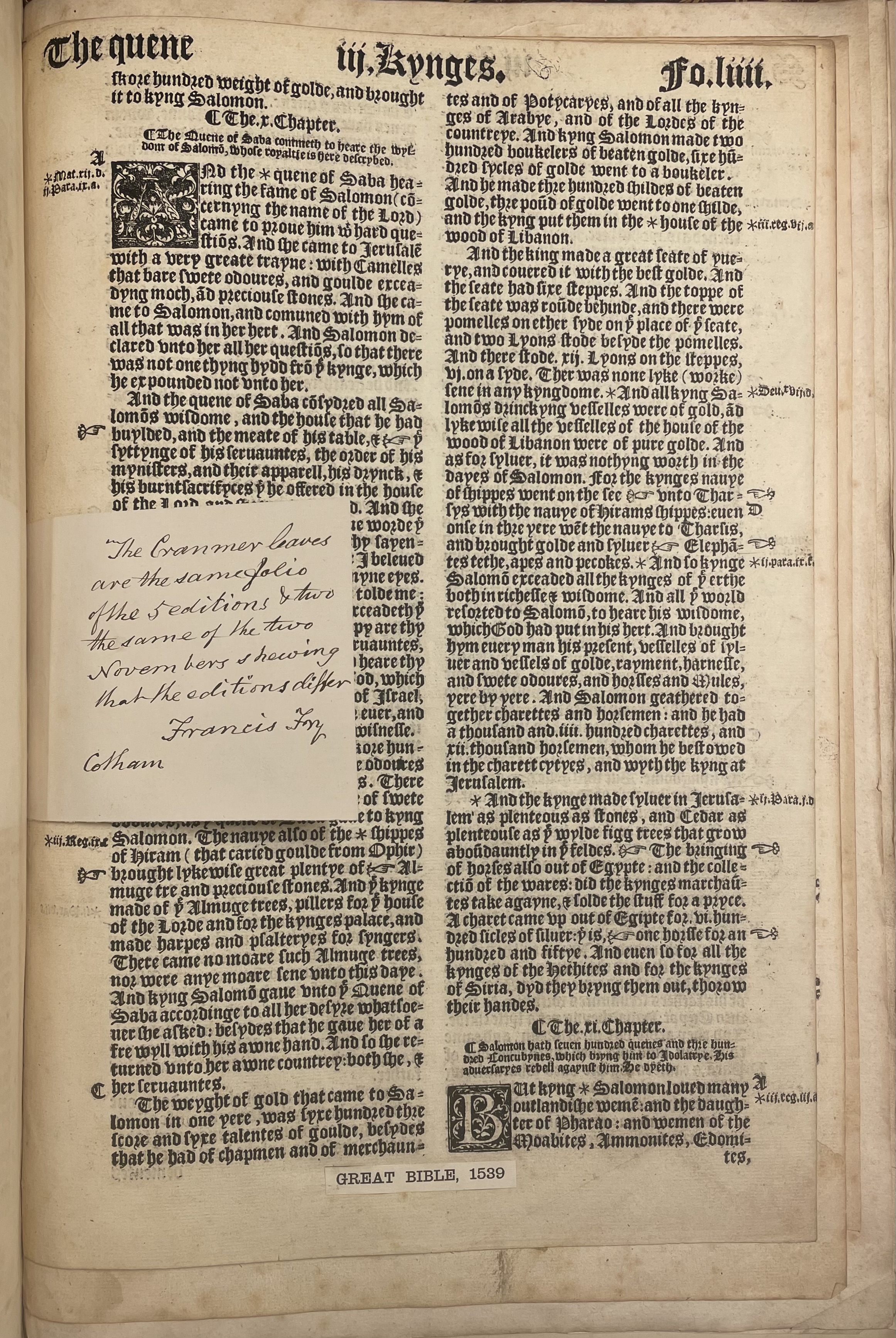Page of text in two columns with manuscript note on top
